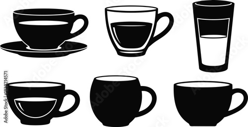 A collection of black and white silhouette illustrations depicting various teacups