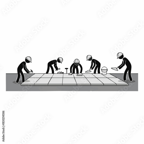 A team of construction workers is laying tiles on a surface, working together to complete the project, teamwork and construction concept.