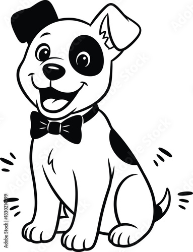 Adorable spotted cartoon puppy with a bow tie sitting and smiling Simple black and white line drawing.