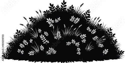 A simple black and white illustration of a dense grassy mound or bush