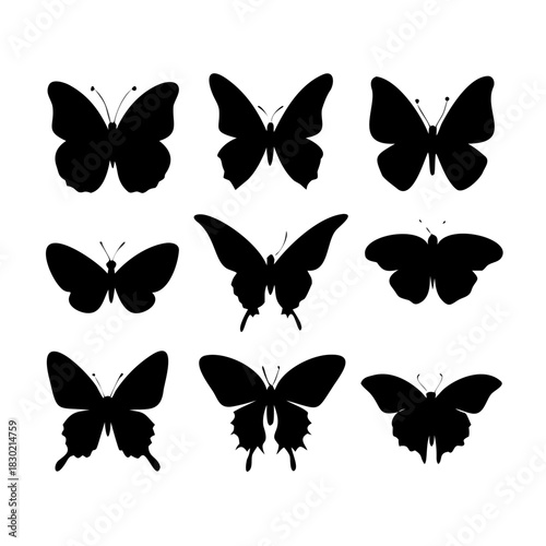 Silhouettes of butterflies, Insect butterfly black silhouettes, Set of tattoo and sticker type vector butterflies
