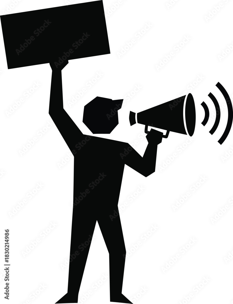 Fototapeta premium Black silhouette icon of a protester holding a blank sign and shouting into a megaphone.