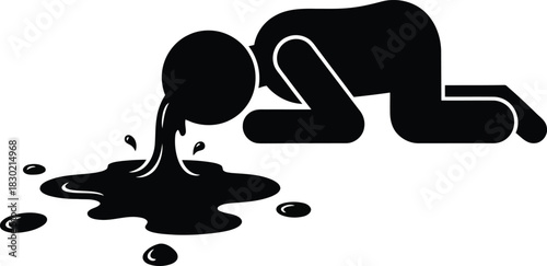 Black silhouette icon of a person kneeling and vomiting a thick dark liquid onto the floor.