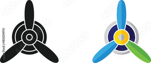 Two propeller icons one black and white one with colored blades