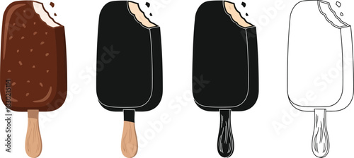 Four depictions of a popsicle color solid black silhouette and outline