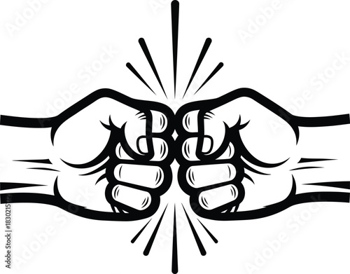 Bold black and white line art illustration of a fist bump with radiating impact lines.