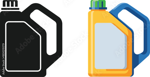 Oil container illustration in both monochrome and colored versions side by side