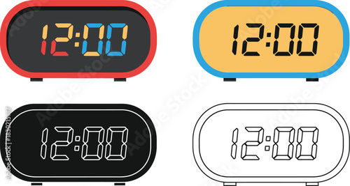 Four digital alarm clocks displaying twelve o clock in various color schemes