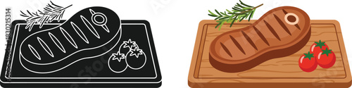Grilled steak with tomatoes and herbs depicted in color and monochrome styles