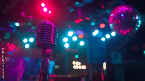Retro Microphone on Stage with Neon Lights and Disco Ball