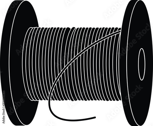 A black spool filled with coiled silver wire simple graphic illustration