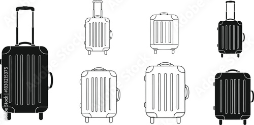 Black and white illustrations showcasing various styles of rolling suitcases