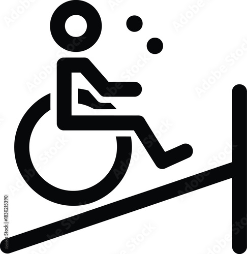 Dynamic black icon of a person in a wheelchair ascending an inclined ramp a symbol of accessibility and mobility.