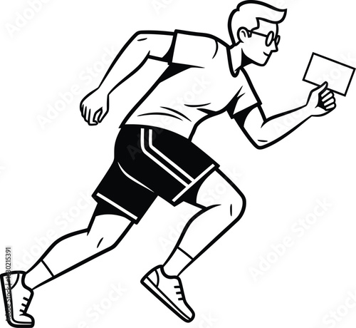 Dynamic line art illustration of a man in athletic gear running while holding a card.