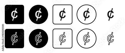 Icon set of cent symbol. Filled, outline, black and white icons set, flat style.  Illustration on transparent background