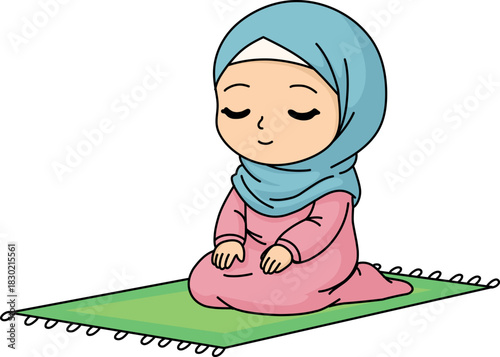 Kawaii Muslim Girl Praying Illustration – Cute Islamic Character