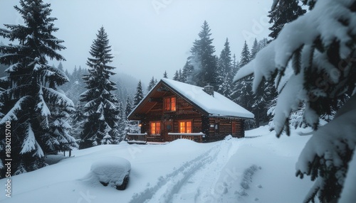 A cozy wooden cabin with glowing windows nestled in a serene, snow-covered winter forest landscape.