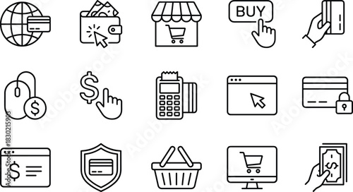 Outline vector icons for e-commerce, online shopping, global payment, secure transactions, and digital purchasing, illustrating retail and internet finance technology.