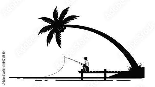 Silhouette of a person fishing from a pier under a palm tree.