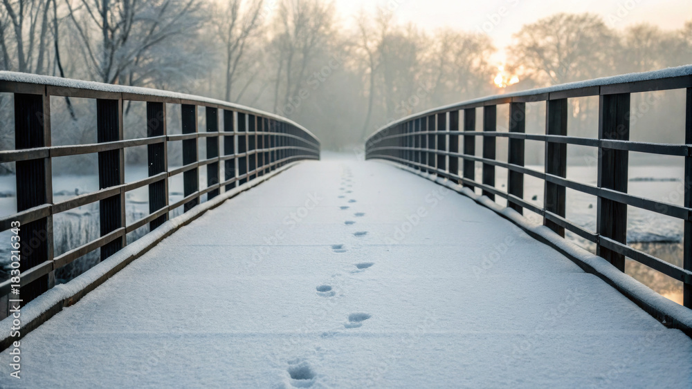 Naklejka premium Snowy bridge with dark railings creates weird and scary christmas scene at sunrise in quiet winter landscape with footprints leading forward
