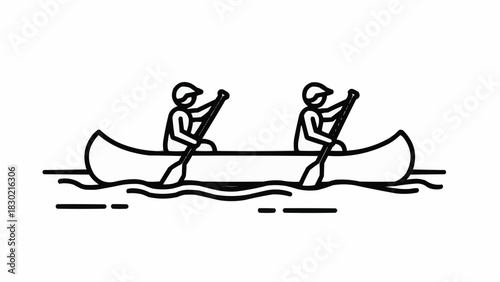 Two People Canoeing on Water in a Simple Line Drawing.