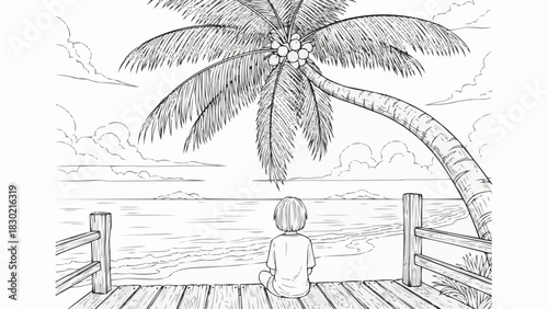 A young boy sits alone on a wooden pier looking out at the ocean.