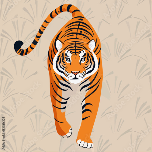 Illustration of a tiger walking forward with a beige background.