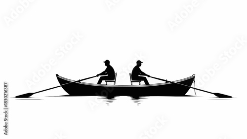 Two people rowing a boat on calm water, silhouette against white background.