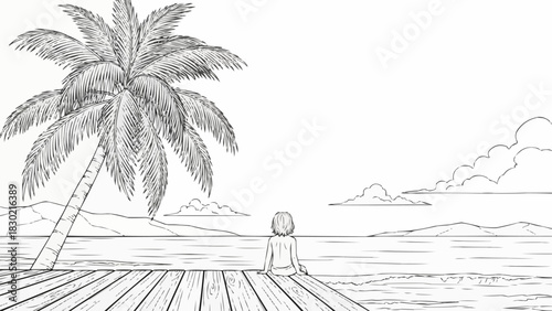 Hand drawn sketch of a person sitting on a wooden pier under a palm tree.