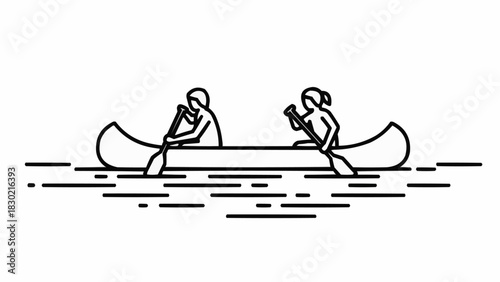 Two people paddling a canoe on water in a minimalist line art style.