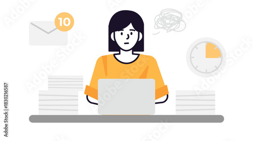 Woman working on laptop with stacks of documents and notifications.