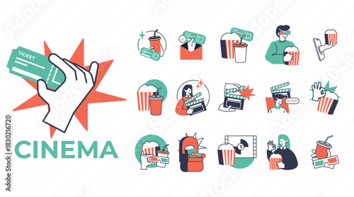 Cinema entertainment concept with hand holding ticket and various movie-related icons.
