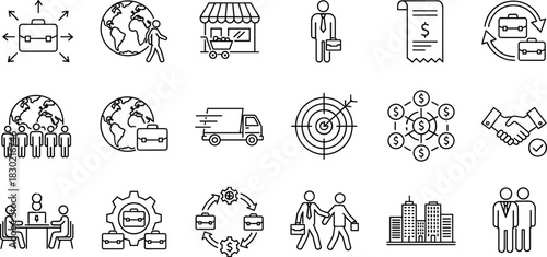 Business icons, global commerce, logistics, retail, handshake, briefcase, billing, partnership, teamwork, meeting, gear, delivery, target, 