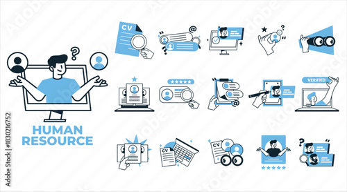 Human Resource Management and Recruitment Process Icons Set.