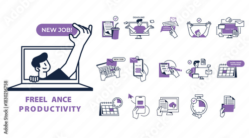 Freelance Productivity and New Job Search Concept Illustrations.