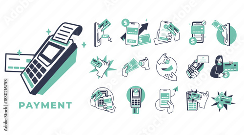 Set of hand-drawn payment method icons including POS terminal credit card mobile payment and online transactions.