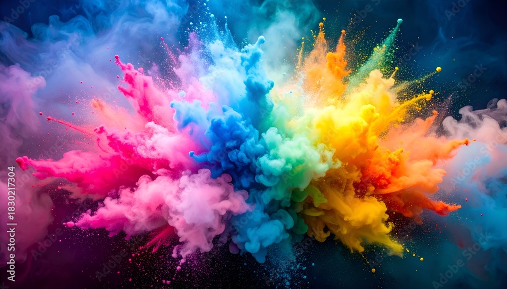Obraz premium A vibrant explosion of colorful powder puffs outwards on a dark background