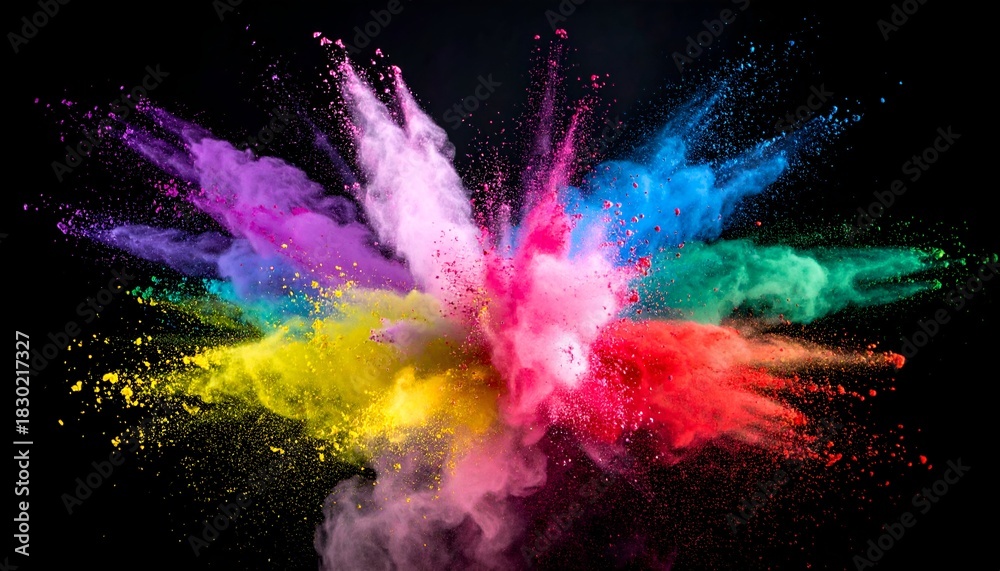 Obraz premium A vibrant, colorful explosion of powder particles against a stark black background