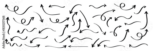 Hand drawn arrows icon set. Sketch curved arrows design. Arrow handmade. Doodle arrows shapes and directions. Pointer and cursor icons. EPS 10