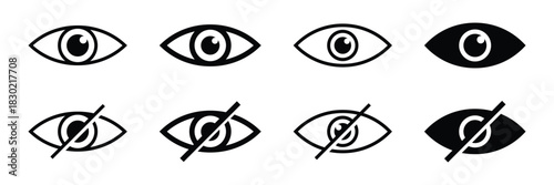 Eye icon set. View and eye icons. Visible invisible concept. See and unsee symbol. Show password. Hidden password symbol.