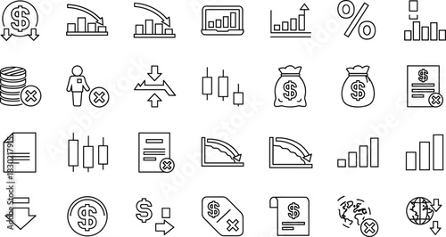 Finance icons, economic symbols, money bag, dollar sign, percentage, bar chart, candlestick, coin, rejected document, financial report, analytic