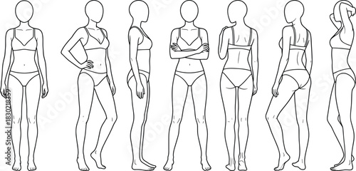 Human figure pose sketch, multi-angle body template, front side back view, cad drawing flat vector illustration design