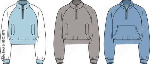 Pullover half-zip jacket sketch, collar and pocket variation, front view flat template, cad drawing flat vector illustration design