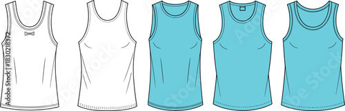 Tank top fashion sketch, neckline and bow variation, front view flat template, cad drawing flat vector illustration design