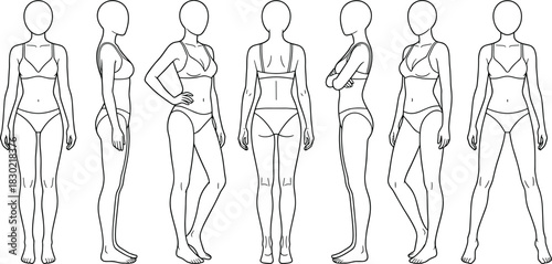 Female figure pose sketch, multi-angle body template, front side back view, cad drawing flat vector illustration design