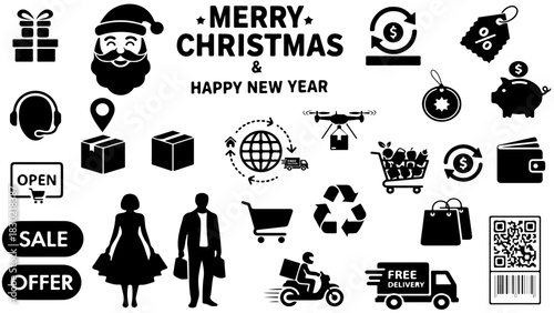silhouette e-commerce Christmas new year vector holiday shopping icons online market festive sale graphic design pack.