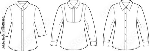 Women’s blouse fashion sketch, collar and sleeve variation, front view flat template, cad drawing flat vector illustration design