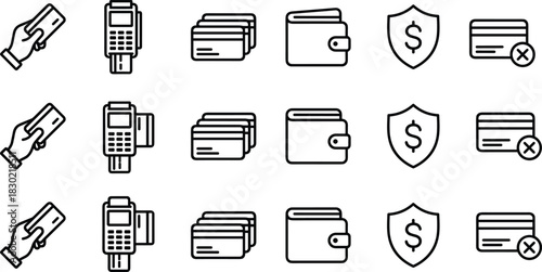 Financial transaction icons set showing payment methods, card usage, wallet, security, and declined card symbols for fintech illustrations.