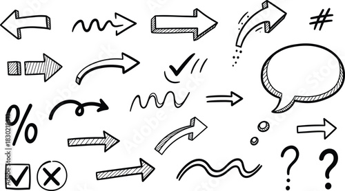 Hand-drawn arrows, symbols, punctuation marks, checkboxes, speech bubbles, and sketch icons for creative presentations, diagrams, and visual storytelling