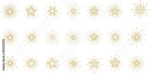 Golden radial ornaments collection featuring symmetrical snowflake starburst motifs for festive, decorative, elegant design and seasonal celebration themes.